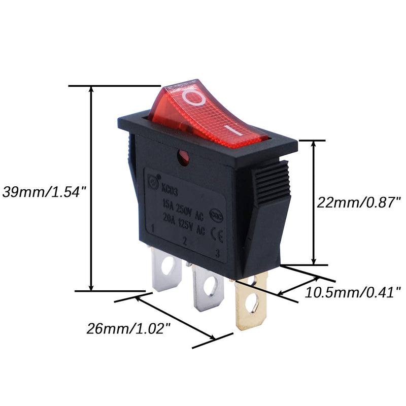 [Australia - AusPower] - mxuteuk 6pcs AC110V/120V Rocker Switch Red Light Illuminated Snap-in Toggle Switch Power SPST ON-Off Switch 3 Pin, Use for Household Appliances Industrial Equipment MXU3-101NR 3 Pin LED Red ON-OFF 
