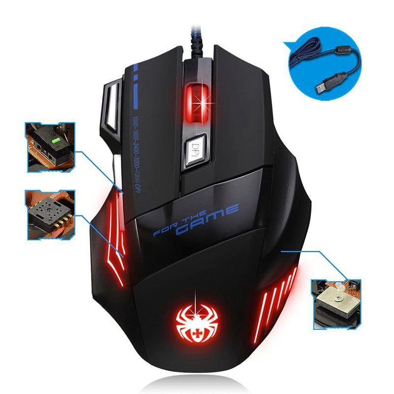 [Australia - AusPower] - AFUNTA Zelotes Ergonomic 7200 DPI LED Optical Wired Gaming Mouse Mice 7 Buttons Compatible Mac Pro Gamer PC Laptop Desktop Notebook-Black Black(T80) 