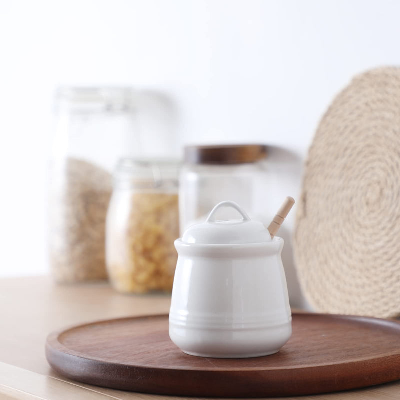 [Australia - AusPower] - HAOTOP Ceramic Honey pot with Lid and Honey Stick,Porcelain Honey Jar Easy to Clean and Dishwasher Safe,12oz (White) White 