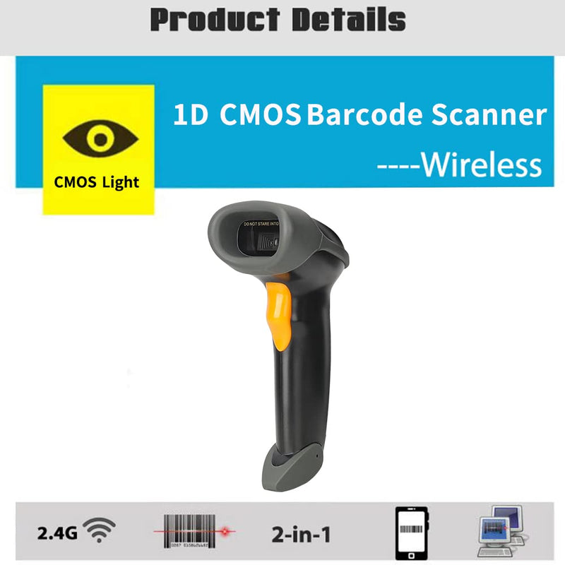 [Australia - AusPower] - 1D CCD 2.4G Wireless Bar Code Scanner Versatile 2 in 1 (Wireless+USB Wired), UNIDEEPLY Automatic Barcode Reader Scanner 196 Feet Indoor Transmission Distance, Scanning Gun for PC Computers, Black 