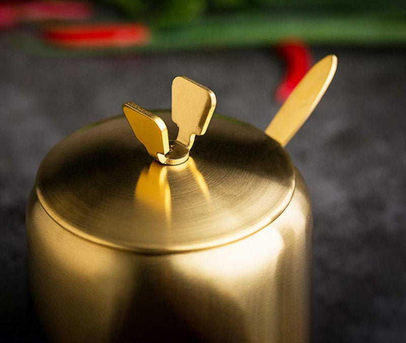 [Australia - AusPower] - Stainless Steel Sugar Bowl Spice Jar Storage Seasoning Pot with Lid Spoon Gold 
