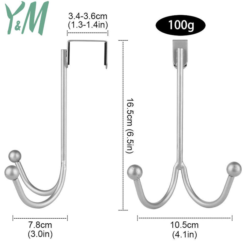 [Australia - AusPower] - Y&M 2PC Over The Door Hooks Double Hooks, Metal Door Hanger Twin Hooks Organizer for Hanging Coats, Hats, Robes, Towels- Silver 2 Silver 2P 