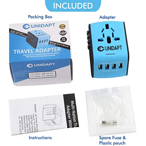 [Australia - AusPower] - Unidapt Universal Travel Adapter, International Outlet Adaptor, Fast 2,4A 4-USB Worldwide European Power Charger, AC Wall Plug Adapters – All in One for Europe US USA UK EU AUS & Asia Blue 