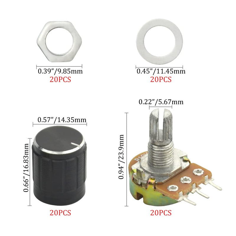 [Australia - AusPower] - WMYCONGCONG 20 PCS B10K 10K Ohm Knurled Shaft Linear Rotary Taper Potentiometer with Black Knob(WH148) Kit 