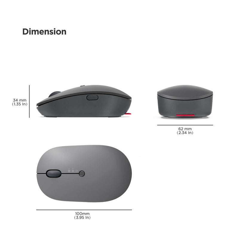 [Australia - AusPower] - Lenovo Go Multi-Device Wireless Mouse, 2.4GHz Nano USB-C Receiver, Bluetooth, Adjustable DPI, USB-C Rechargeable Battery, Qi Wireless Charging, Ambidextrous, GY51C21211, Grey 