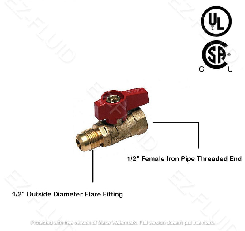 [Australia - AusPower] - EZ-Fluid 1/2-Inch FIP Female Thread NPT x 1/2" OD Flare Heavy Duty Brass Gas Shut Off Ball Valve,1/4 Turn Brass Gas Valves for Natural Gas,LP, Gas Line Fitting, Stove, Hot Water Heater more(1Pc) 1/2"FIP X 1/2" OD Flare 