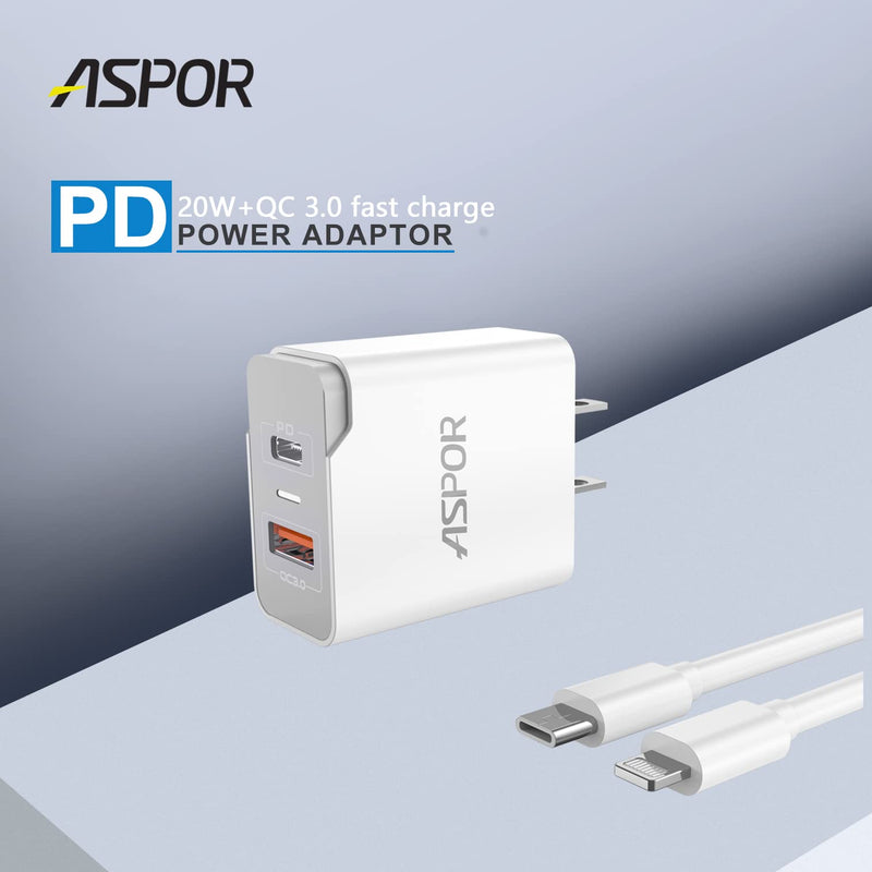[Australia - AusPower] - 20W Fast Dual Port Wall Charger with Type C to Lightning Cable, ASPOR USB C and QC 3.0 Portable Indicator Light Power Adapter, Home Charger Combo Kit, Compatible for Smart Phone and Tablets. 