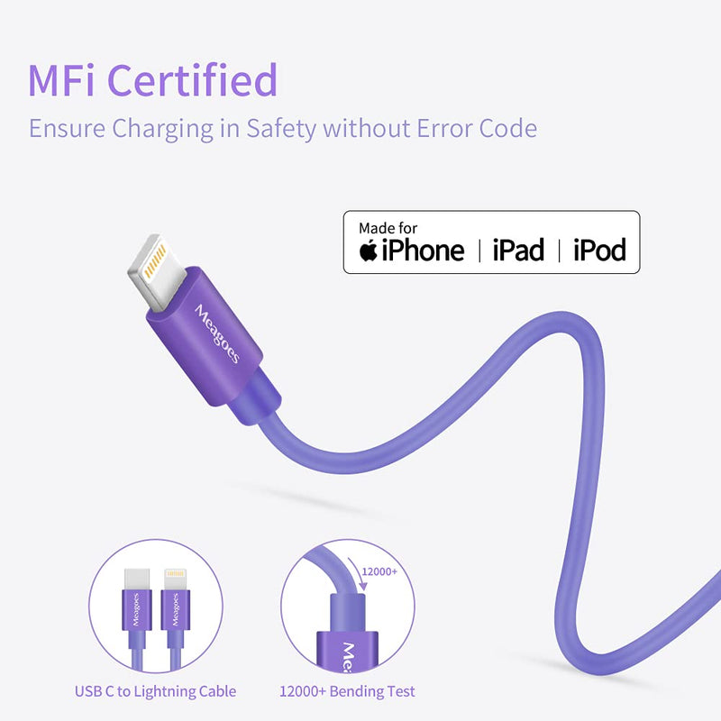 [Australia - AusPower] - Fast USB C Car Charger, Meagoes 20W PD Rapid Charging Adapter Compatible for Apple iPhone 13/12/Pro Max/Mini/11/XS/XR/X/8 Plus/SE/iPad Mini 5/Air 3-3.3ft MFi Certified Type C to Lightning Cable Purple&White 