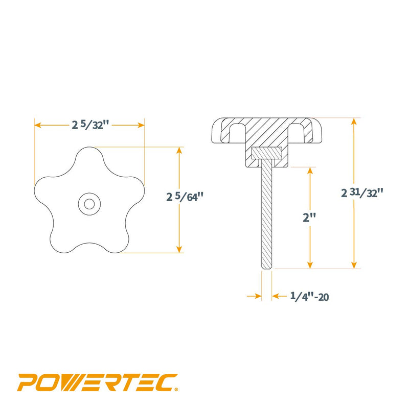 [Australia - AusPower] - POWERTEC QNB3010 5-Star Stud Knob, 1/4"-20, 2" Long, 5 PK , Black 1/4''-20 Stud Knob 