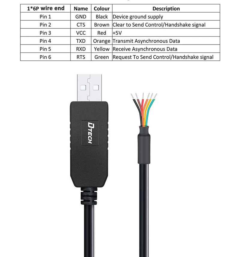 [Australia - AusPower] - DTECH USB to UART TTL Serial 3.3V Adapter Cable 6 Wire End with FTDI Chip FT232 TX RX Signal for Windows 11 10 8 7 XP Vista (6ft, Black) 3.3V -6 wire end 