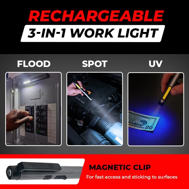 [Australia - AusPower] - Gearlight Rechargeable 3-1 LED COB Work Light with Magnetic Back - This Handheld Flashlight has 3 Modes a Pen Light, Flood Light, and 365nm UV Light - Compact Stocking Stuffer Christmas Gift for Men 