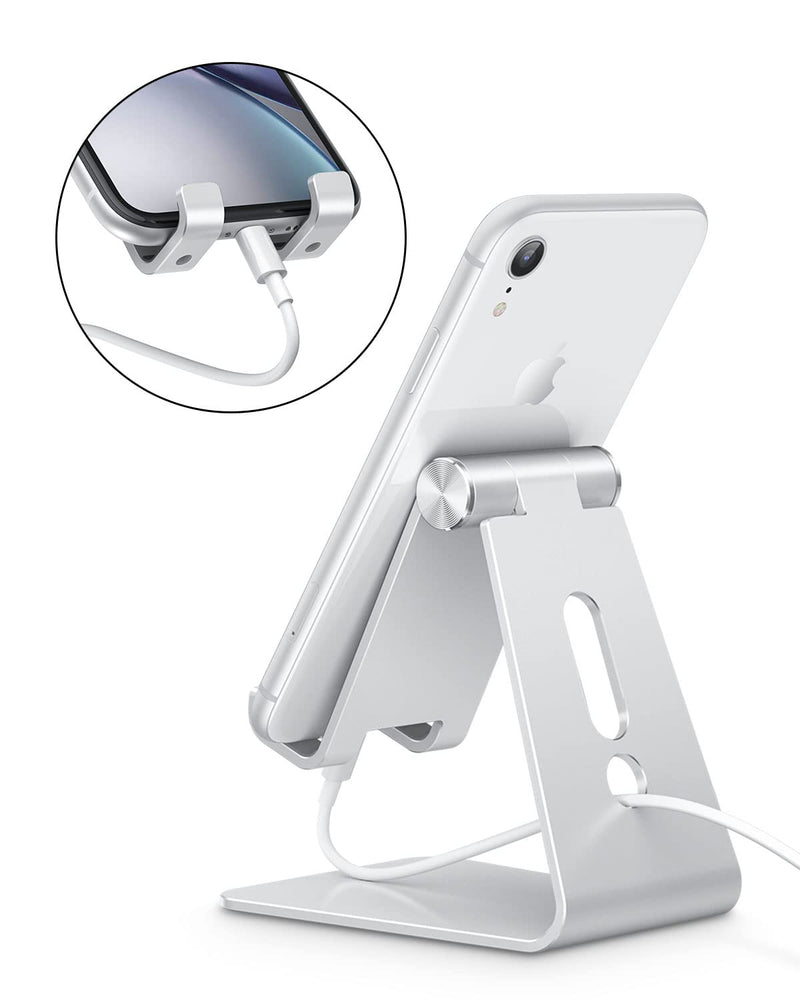 [Australia - AusPower] - Adjustable Cell Phone Stand, OMOTON C2 Aluminum Desktop Phone Dock Holder Compatible with iPhone 11 Pro, SE, XR, 8 Plus 7 6, Samsung Galaxy, Google Pixel and More, Silver 