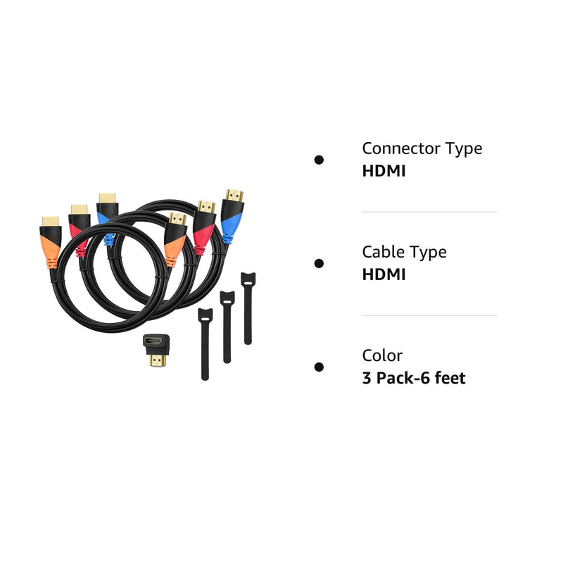 [Australia - AusPower] - HUANUO High-Speed HDMI Cable(3 Pack)-6ft with Gold Plated Connectors, Bonus Right Angle Adapter and Cable Tie, Support Ethernet, 3D,1080P and Audio Return Channel 