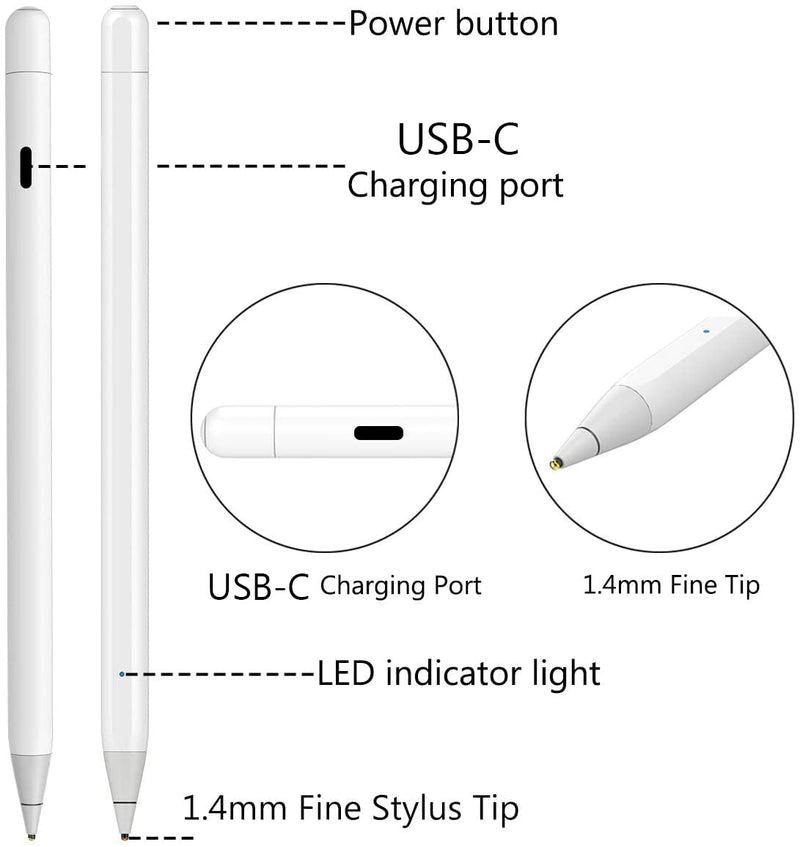 [Australia - AusPower] - iPad Stylus, iPhone Stylus, Rechargeable Stylus Pen for All iPhone and iPad/iPad Mini/iPad Air/iPad Pro. 1.4mm Fine Tip for Drawing and Writing(White) White 