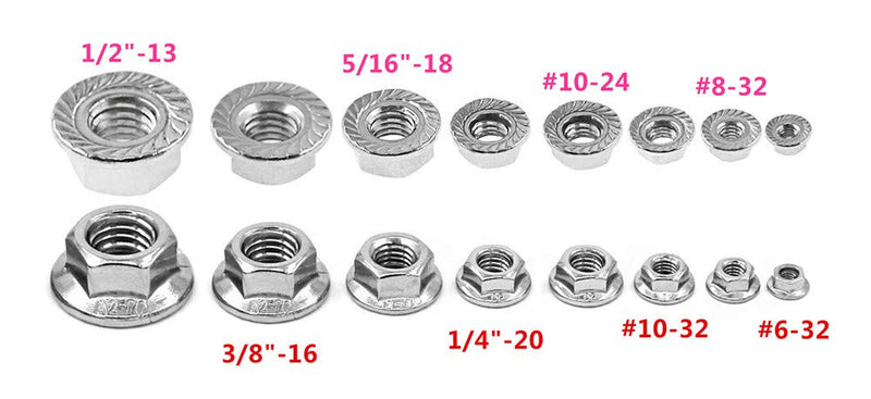 [Australia - AusPower] - Guard4U 100Pcs 8-Sizes SAE Hex Flange Nuts Assortment Kit,#6-32#8-32#10-32#10-24 1/4"-20 5/16"-18 3/8"-16 1/2"-13 304-Stainless Steel Hexagon Flange Lock Nuts 