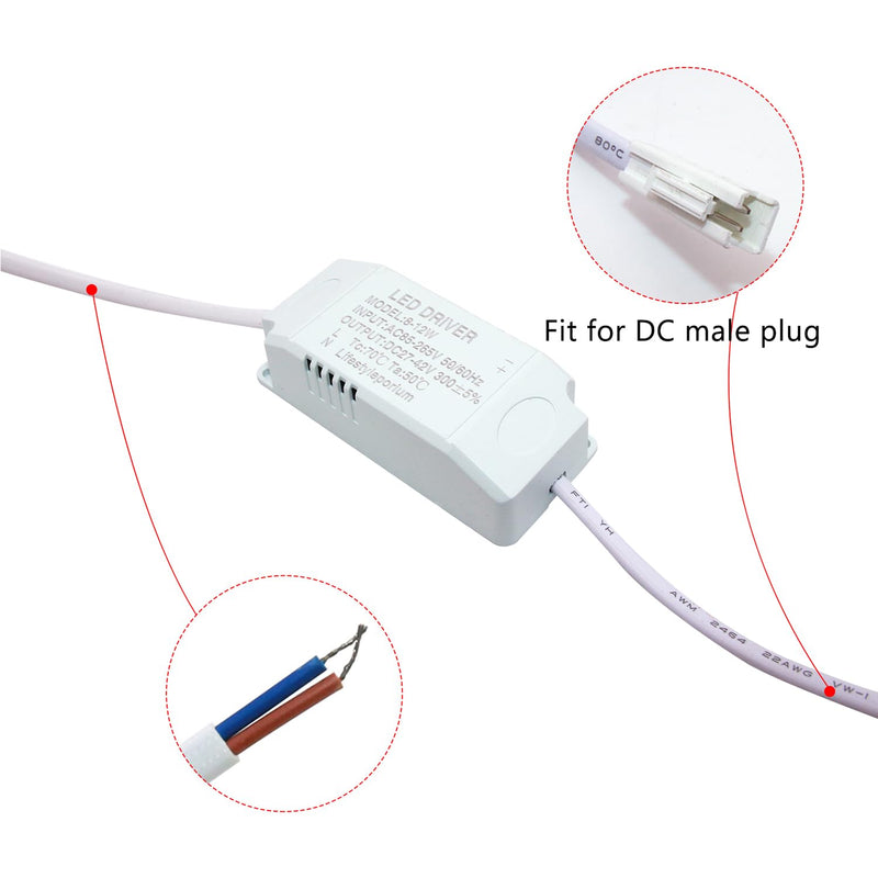 [Australia - AusPower] - Qimoo 8-12W LED Driver, Constant Current 300mA AC 85-265V Output 24-42V SM Male Connector External Power Supply Rectifier Transformer for LED Ceiling Light White 8~12W 