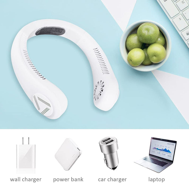 [Australia - AusPower] - Refrigeration Mini Portable Hands Free Leafless Neck Fan with LED Smart Display, 4000mAh Wearable Bladeless Cooling Effect Hanging Neckband Fan, USB Charging Headphone Design Personal Fan, 3 Speeds for Outdoor Indoor (White) White 