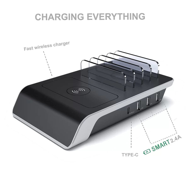 [Australia - AusPower] - Charging Station for Multiple Devices 5 in 1, Charger Station 3 USB Total 5.8A + 1 USB C Ports 3A + 1 Wireless Dock 15W, Universal Desktop Phone Charger, Charging Station Organizer for iPhone/Samsung Multi-Colored 