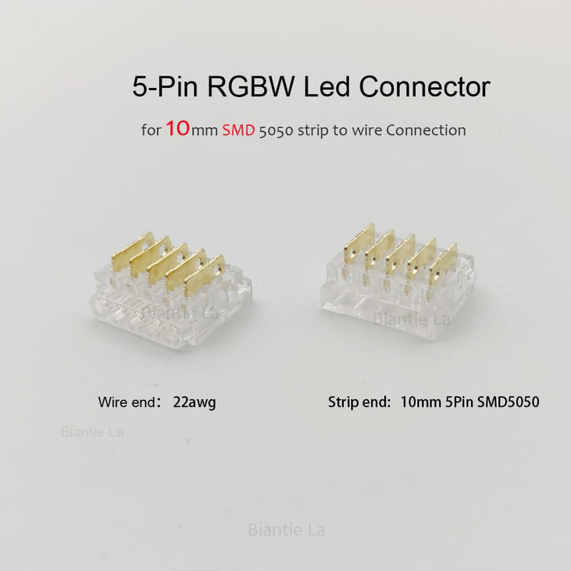 [Australia - AusPower] - Biantie La RGBW LED Strip Light Connectors - 5-Pin 10mm Solderless Clips for SMD 5050 Strip-to-Wire Joints (Pack of 20) 