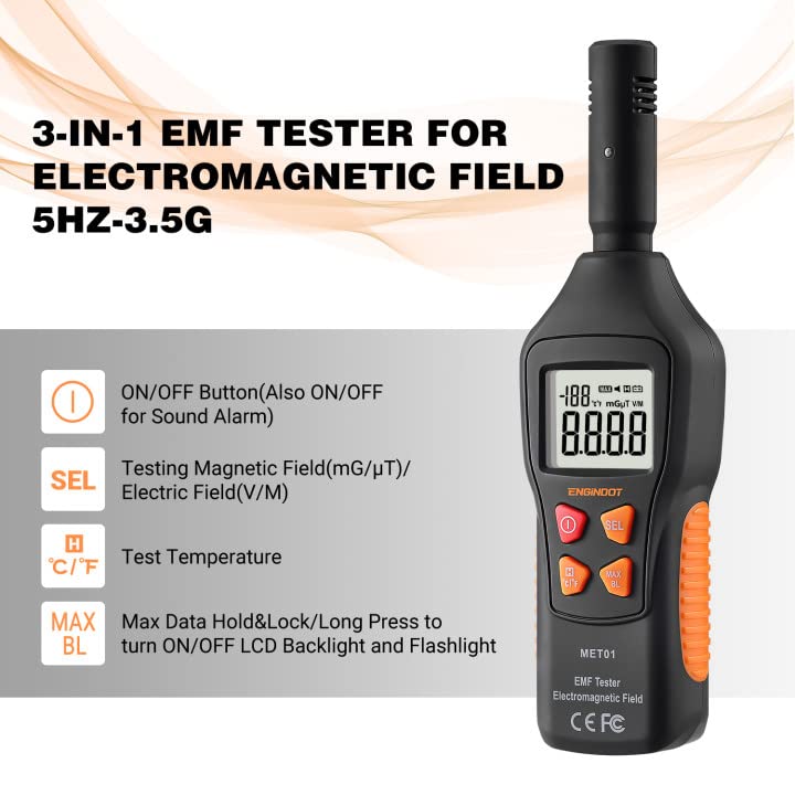 [Australia - AusPower] - EMF Meter 5HZ-3.5G, ENGiNDOT Digital LCD EMF Detector, 3-in-1 EMF Tester, Ghost Hunting Equipment, Electronic Radiation, Temperature Detector, EMF Inspections 