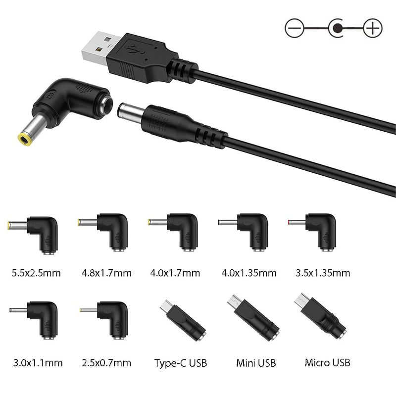 [Australia - AusPower] - LIANSUM USB to DC 5V Power Cord, Universal DC 5.5x2.1mm Plug Jack Charging Cable with 10 Connector Tips(5.5x2.5, 4.8x1.7, 4.0x1.7, 4.0x1.35, 3.5x1.35, 3.0x1.1, 2.5x0.7, Micro USB, Type-C, Mini USB)5FT 
