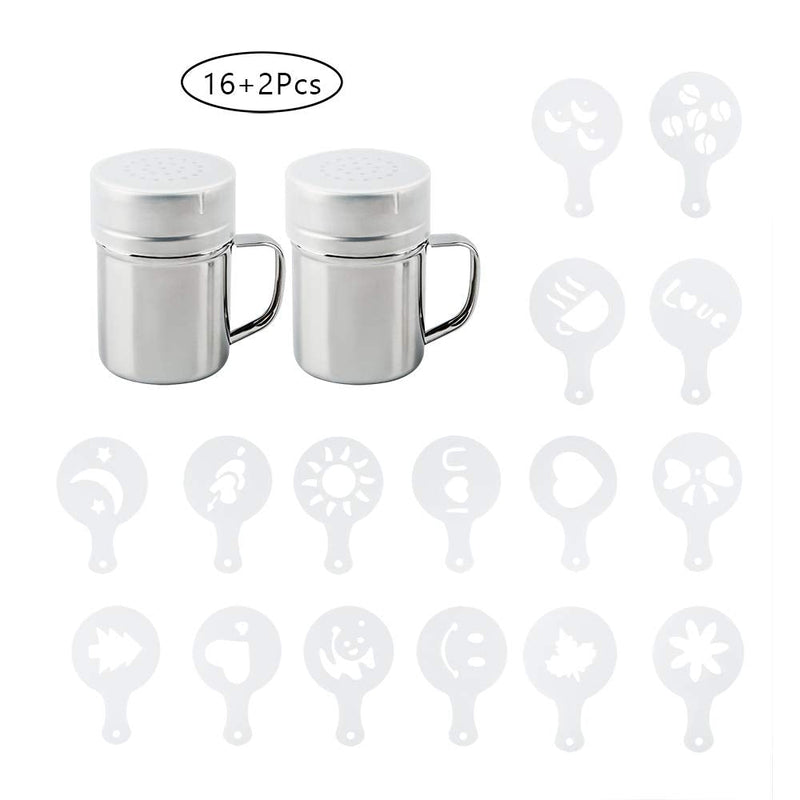 [Australia - AusPower] - AIFUDA 2 Pcs Stainless Steel Dredge Shaker with Handle and 16 pcs Printing Molds Stencils, Salt Pepper Coffee Cocoa Cinnamon Powder Can with Hole for Kitchen Baking Cooking 