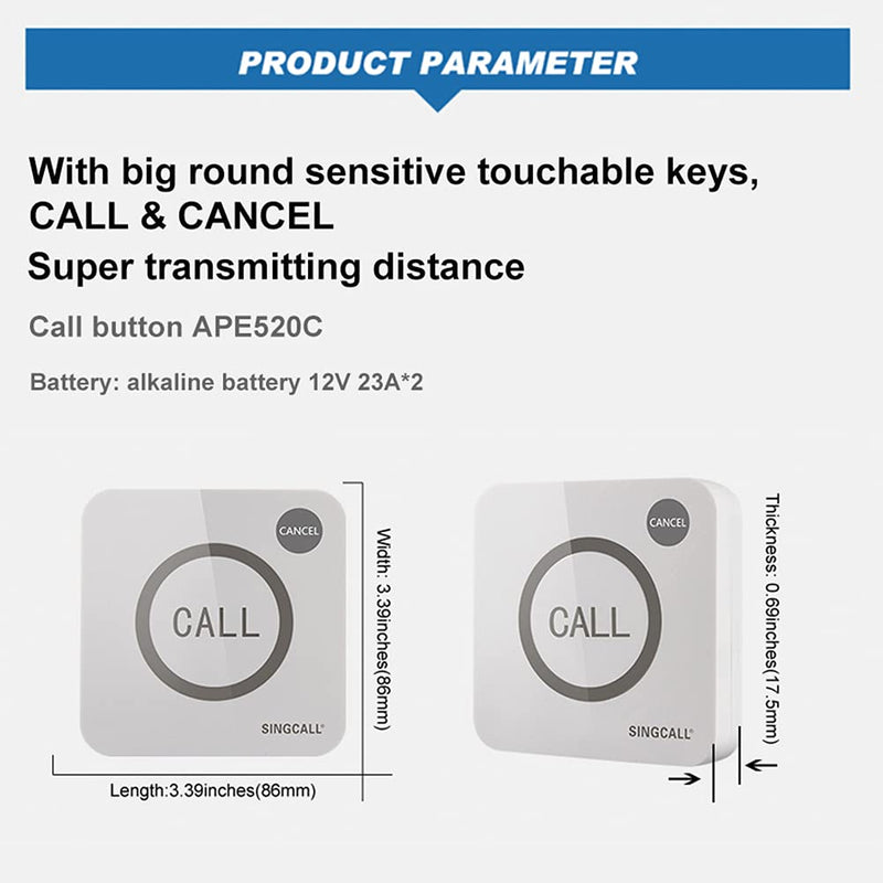 [Australia - AusPower] - SINGCALL Wireless Service Calling System for Restaurant Cafe,Call Waiter Nurse Staff,Big Touching Button,Waterproof 2-Button Pager APE520C 1 Call Button 