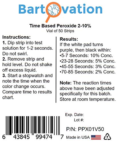 [Australia - AusPower] - Very High Level Hydrogen Peroxide H2O2 Test Strips, 2-10%, Time Based Test [Vial of 50 Strips] 