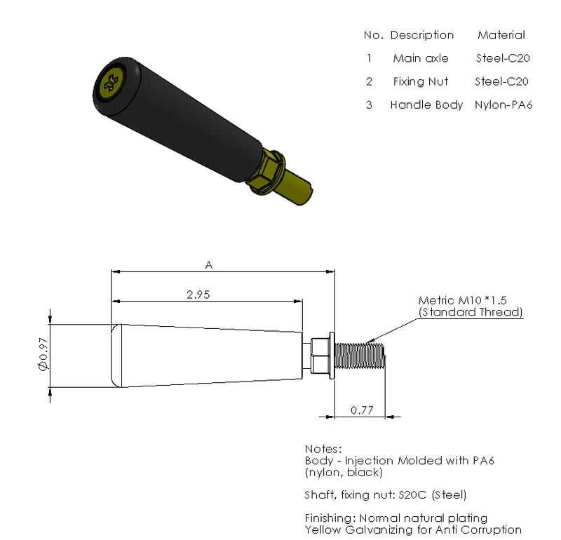 [Australia - AusPower] - DONGYANG Ind. Co., Revolving Handle M10 * P 1.5mm, L- 3.94" Knob Grip, Metric Thread M10 * 100 1EA 