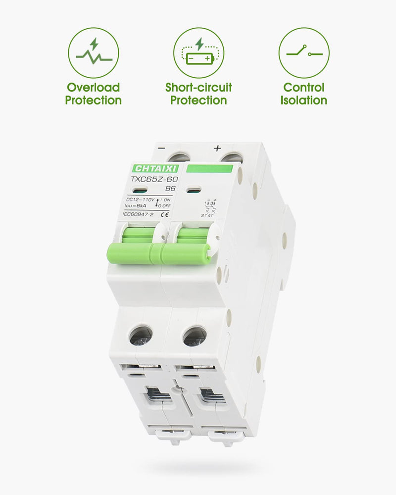 [Australia - AusPower] - 12V-110V DC Miniature Circuit Breaker, 6 Amp 2 Pole Battery Breaker Protector for Solar PV System and RV, Thermal Magnetic Trip, DIN Rail Mount, Chtaixi DC Disconnect Switch B6 6 A 