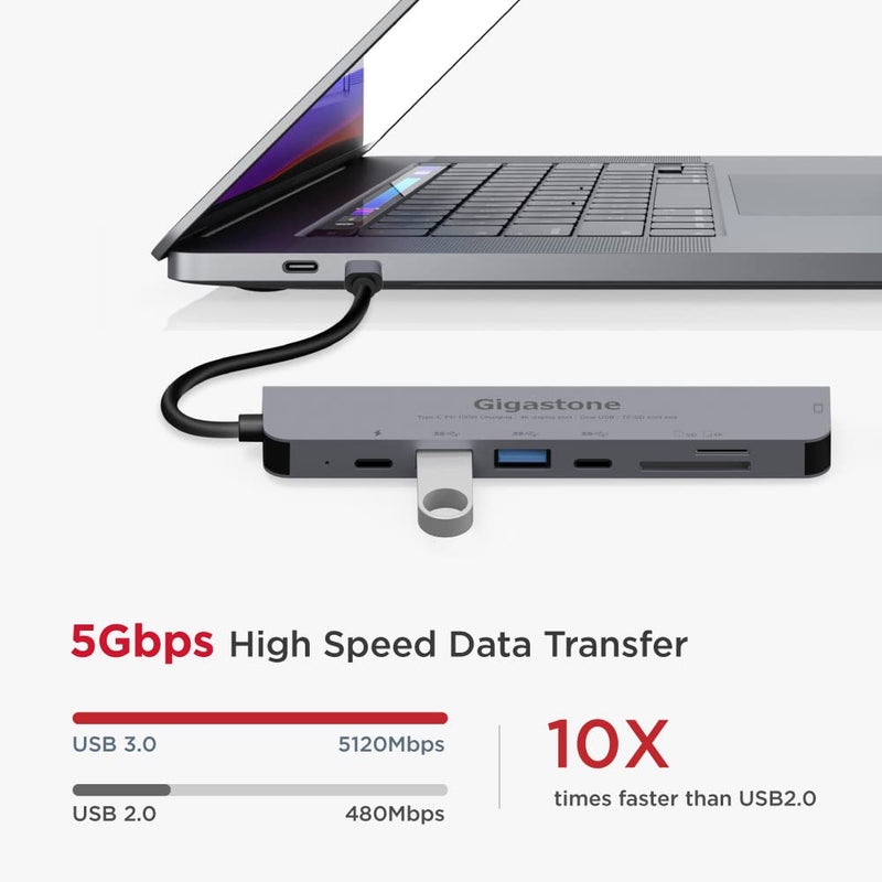 [Australia - AusPower] - 【USB C Hub】【100W Power Delivery】 Gigastone Multiport Adapter 7-in-1 with 100W Charging, 4K HDMI, USB-C & 2 USB-A 5Gbps, SD & microSD Reader, for MacBook Air, MacBook Pro, Chromebook, Zenbook, Surface 