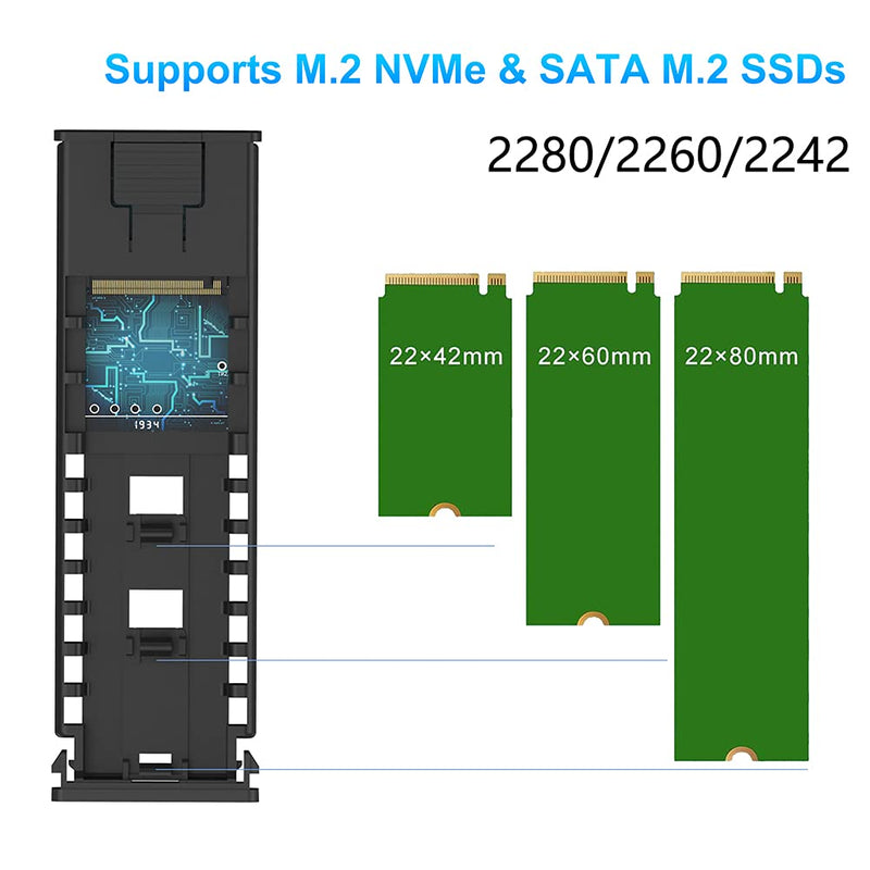 [Australia - AusPower] - M.2 NVME SATA SSD Enclosure Adapter Tool-Free, RTL9210B Chips, USB C 3.1 Gen 2 10Gbps NVME, 6Gbps SATA PCIe M-Key(B+M Key), Support UASP Trim for SSD Size 2242/2260/2280 