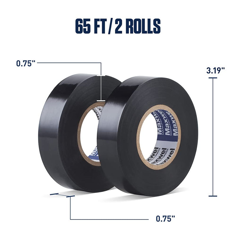 [Australia - AusPower] - Electrical Tape Vinyl Black - 3/4 IN 65 FT Professional Flame Retardant Waterproof PVC Electrical Insulation Tape For All Weather Under 600V Home Outdoor Multipurpose Electric Insulating Wire Wrapping 