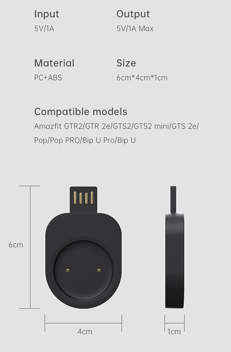 [Australia - AusPower] - [2-Pack] Compatible with amazfit gts 2 Mini USB Portable Charger GTR 2 2e t-rex pro Fitness bip u pro pop zeep e z Smart Watch accessoires 