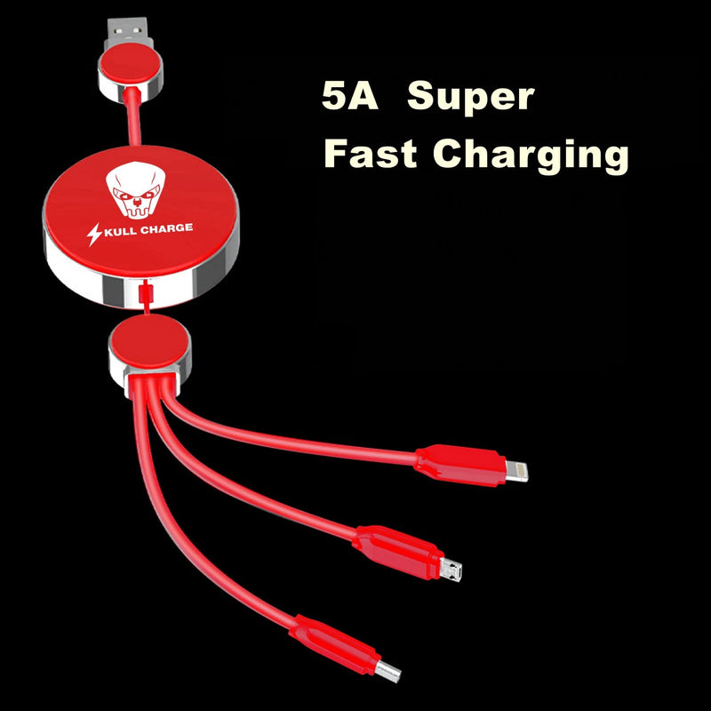 [Australia - AusPower] - SKULL CHARGE【Skull Light】3-in-1 Single Pull Retractable Cable, 5A Super Fast Charging, Multi Charging Cable, Sync I, Type-C and Micro-USB for Cell Phones, Tablets (Red) Red 
