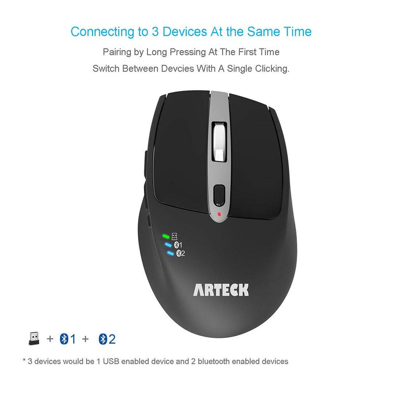 [Australia - AusPower] - Arteck Multi-Device Wireless Bluetooth Mouse with Nano USB Receiver Ergonomic Right Hand Silent Clicking for Computer Desktop PC Laptop Mac iPad and Windows 10/8 iPad OS Build in Rechargeable Battery Black 