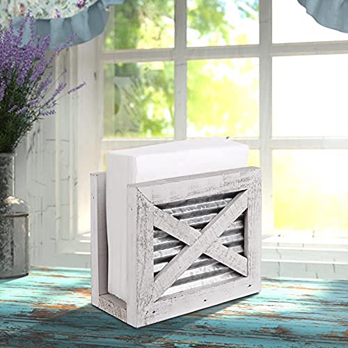 [Australia - AusPower] - Autumn Alley Farmhouse Napkin Holder - Wooden Napkin Holder - Classic Barn Door Motif with Galvanized Metal - Rustic Napkin Holder for Farmhouse Décor - Shabby White Country Napkin Holder 
