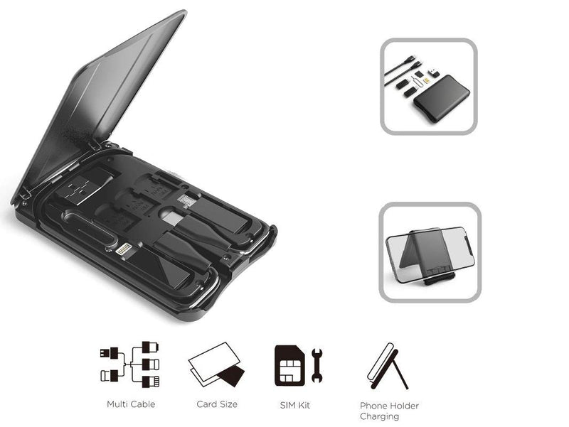 [Australia - AusPower] - Cable Card Box, Universal Charging Cable Adapters,Compact USB-C/USB-A/Micro-USB/Lightning Port,Compact with iPhone and Samsung Devices,Portable Phone Stand,SIM Tools and Nano Card Storage Slot 