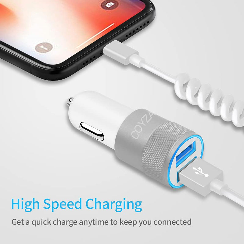 [Australia - AusPower] - COYZA Fast Car Charger Adapter, Compatible with iPhone 13/12/11/Pro Max/Pro/Mini/X/XS/XS MAX/XR/SE 2020/8 Plus/8/7 Plus/7/6s/6/5/SE, 3.1A Dual USB Ports with Coiled Charging Cable Cord White 