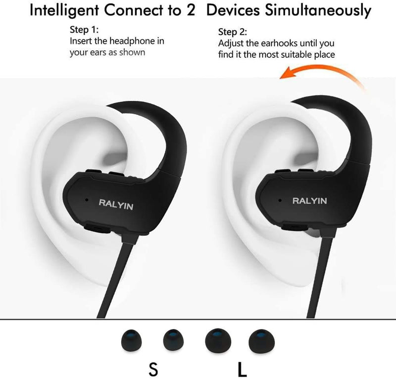 [Australia - AusPower] - Ralyin Bluetooth Headphones with Mic Sport Wireless Earbuds Built in Microphone Ear Hook Headset for Running Jogging Gym Workout Sweatproof Earphones Cordless Audifonos 8 Hours Play Time 