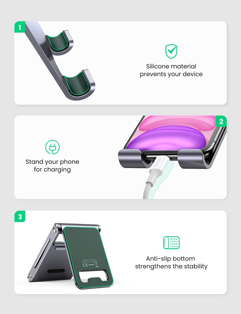 [Australia - AusPower] - UGREEN Cell Phone Stand Desk Adjustable Aluminum Mobile Phone Holder Compatible for iPhone 13 12 Pro Max, iPhone 11 X SE XS XR 8 Plus 6 7 6S Samsung Galaxy Note20 S20 S10 S9 S8 S7 Smartphone Grey 
