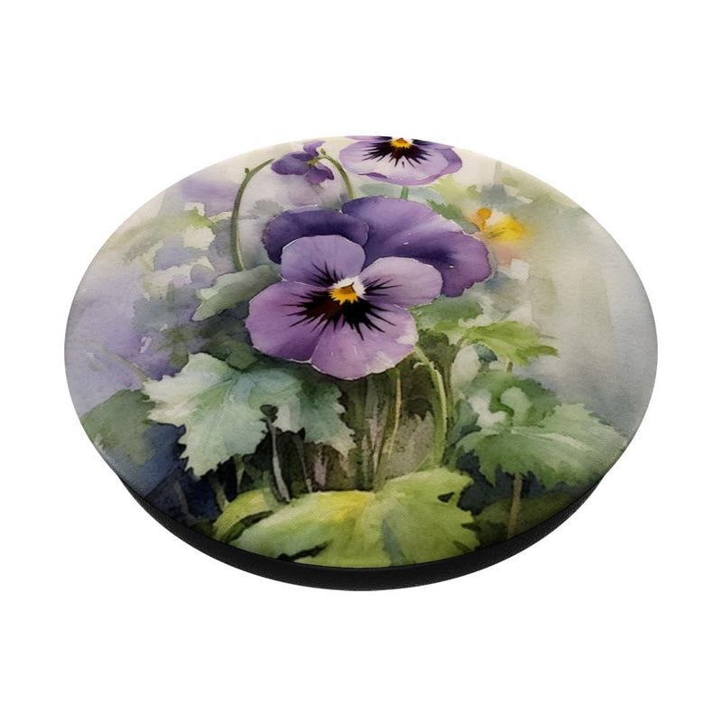 [Australia - AusPower] - watercolor Purple Pansy Flower Floral Art Gardening PopSockets Swappable PopGrip Black 