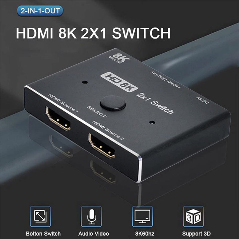 [Australia - AusPower] - Xiwai 8K@60hz HDMI-Compatible 2.1 Switch 2-IN-1-OUT Hub Support HDCP SST Extended 4K@60hz Black HUB 