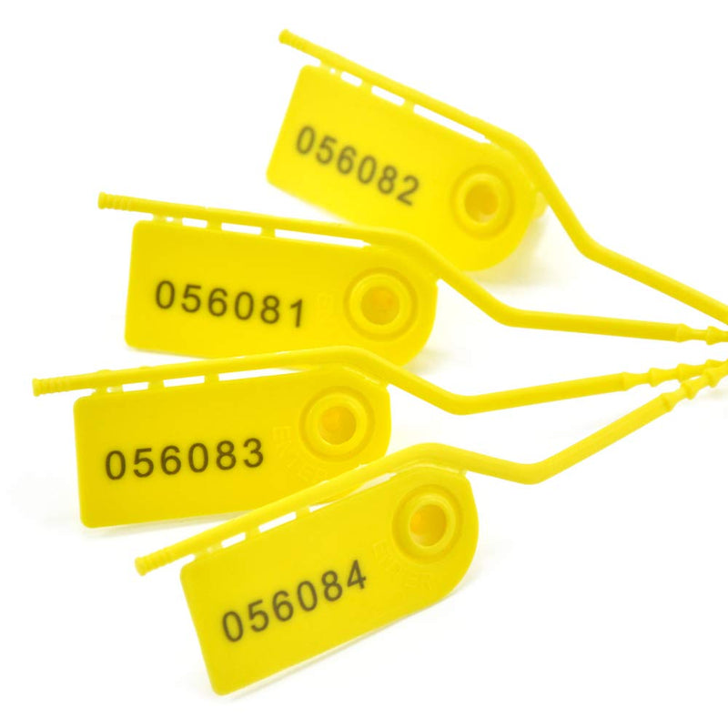 [Australia - AusPower] - 100 Pull Tight Security Seals Tamper Plastic Numbered Tags Fire Extinguisher Seal Self Locking Disposable Zip-Ties Adjustable Length for Clothes, Shoes and Bags 210mm Yellow 100pcs 