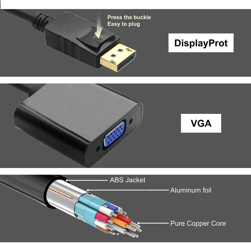 [Australia - AusPower] - DP to VGA Adapter,Display Port to VGA Adapter Gold-Plated (Male to Female) Compatible with Computer Desktop Laptop PC Monitor Projector HDTV Black DP TO VGA 