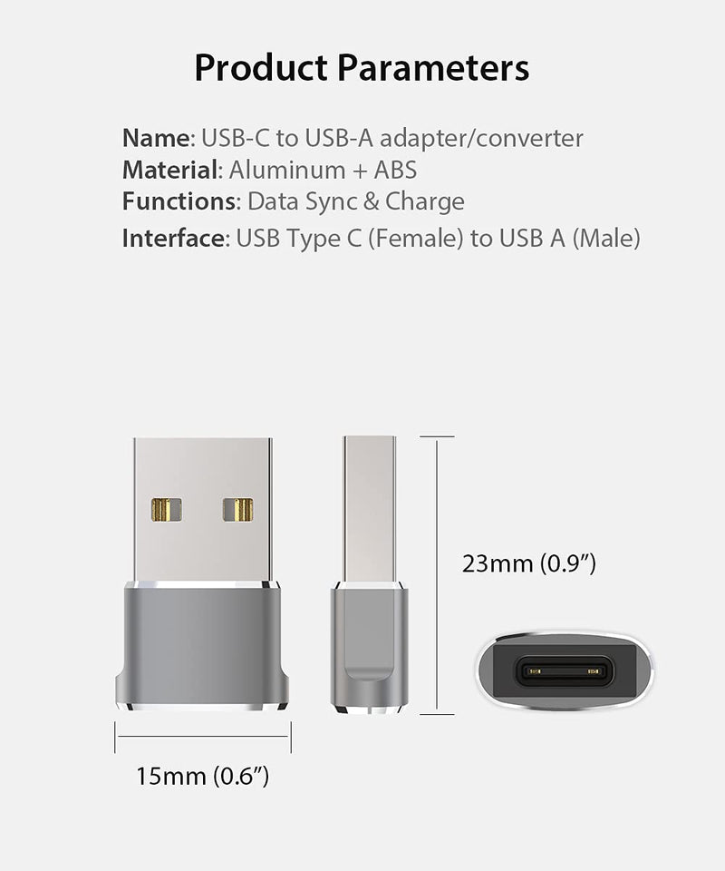 [Australia - AusPower] - USB A (Male) to USB Type C (Female) Adapter Charger Cable Converter (3-Pack), Grey 