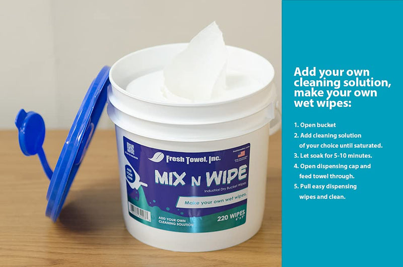[Australia - AusPower] - Fresh Towel Dry Bucket Wipes - Make Your Own Wet Wipes with Dispenser Buckets for Cleaning - 220 Wipes - 6 inches by 9 inches per sheet - Paper Towels Bulk 