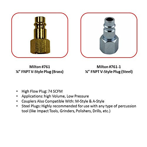 [Australia - AusPower] - Milton Industries S-761 1/4" FNPT HIGHFLOWPRO V-Style/European Interchange Brass Air Plug Fitting (High Volume Low Pressure Application) Pack of 2 