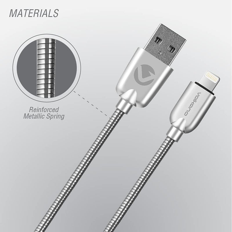 [Australia - AusPower] - Volkano 4Ft Lightning Cable to USB-A, Metallic Reinforced Housing, 2.4 Amp Fast Charging and Data Transfer Cable Compatible with iPhone/iPad/iPod MFI Adapter Charger Cable [Silver] Iron Series 4 Foot Silver 