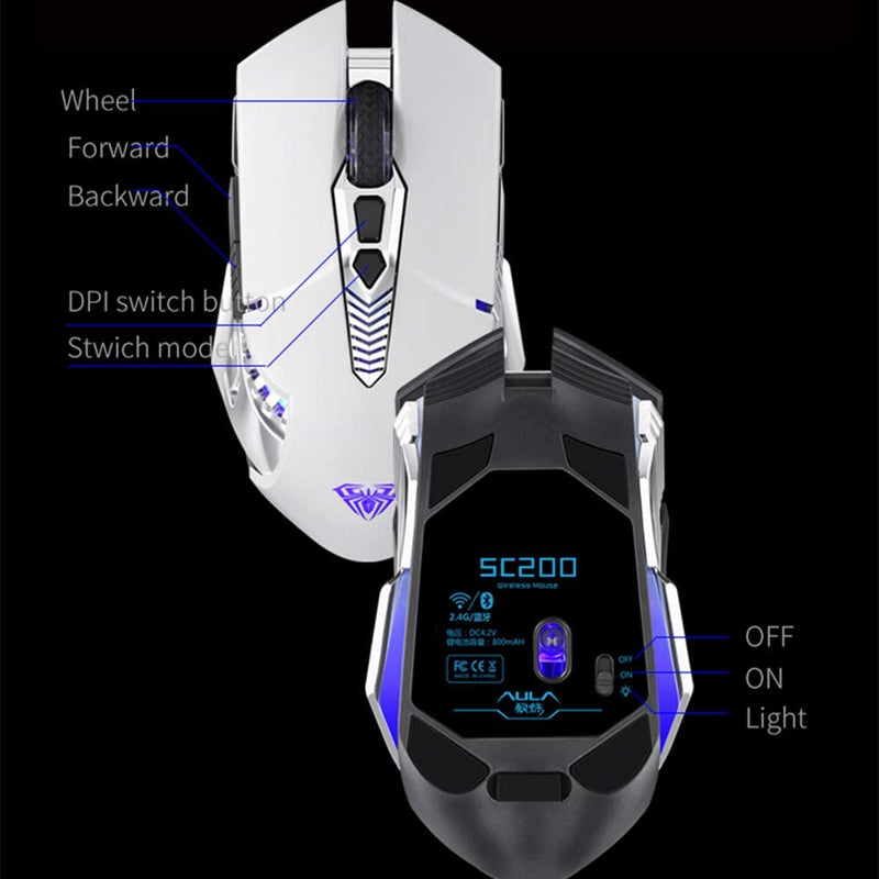 [Australia - AusPower] - AULA SC200 White Gaming Mouse Wireless, Rechargeable Bluetooth Computer Mice with Side Buttons, LED Lights, Side Buttons, for Windows, Android, PC, Mac 